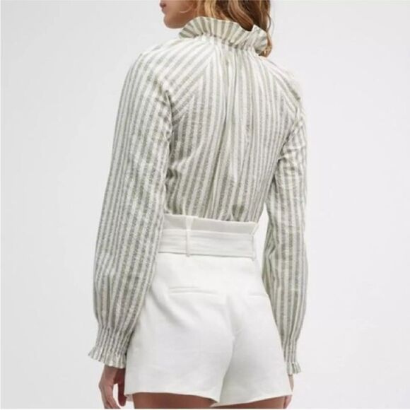 Veronica Beard NWT Calisto Green & Cream Striped Ruffle Collar Shirt $298 - Picture 3 of 12
